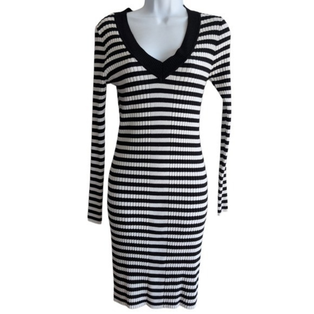 Magazine Womens Medium Black White Strip V Neck Long Sleeve Stretch Knit Dress